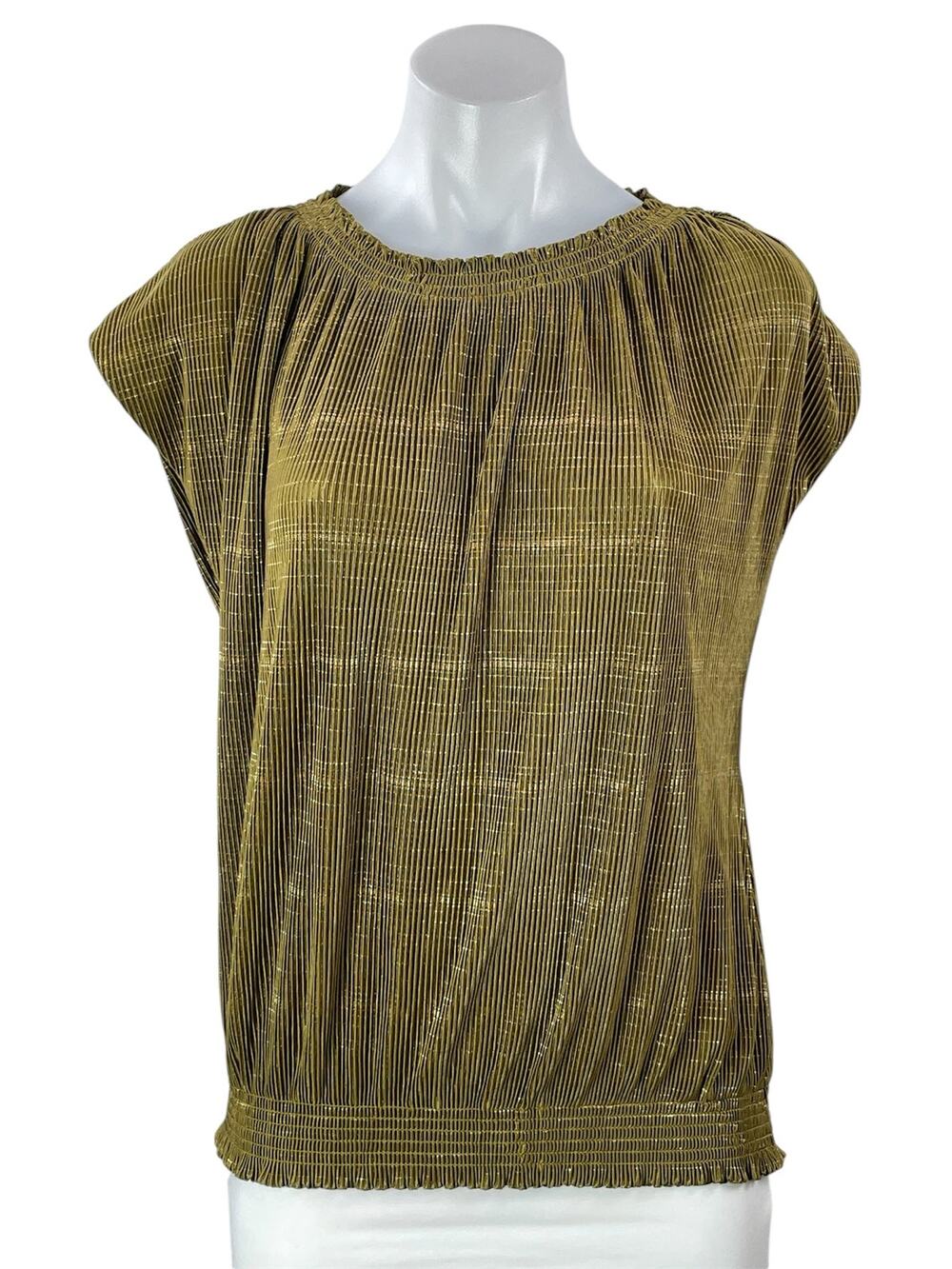 NEW Democracy Olive Green Short Cap Sleeve Ruffle Pleated Blouse Top Size M
